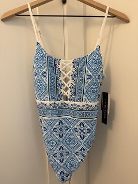La Blanca Blue & White Lace-Up Tile Print One-Piece